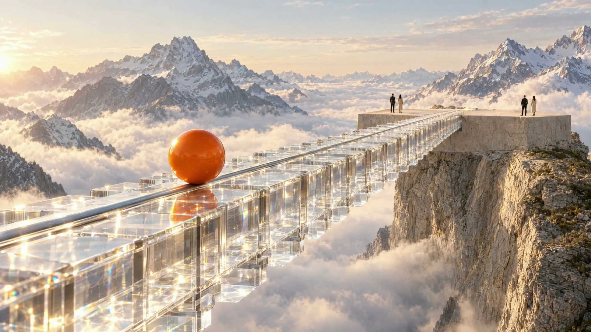 An orange sphere crosses a glass bridge between Alpine cliffs above the clouds