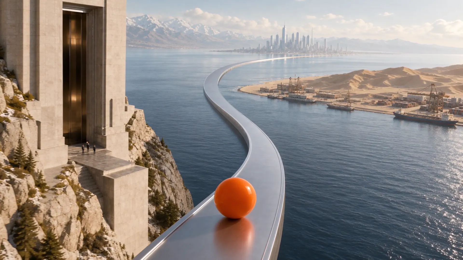 An orange sphere runs a long rail from a cliff over the sea, past a port, to a city