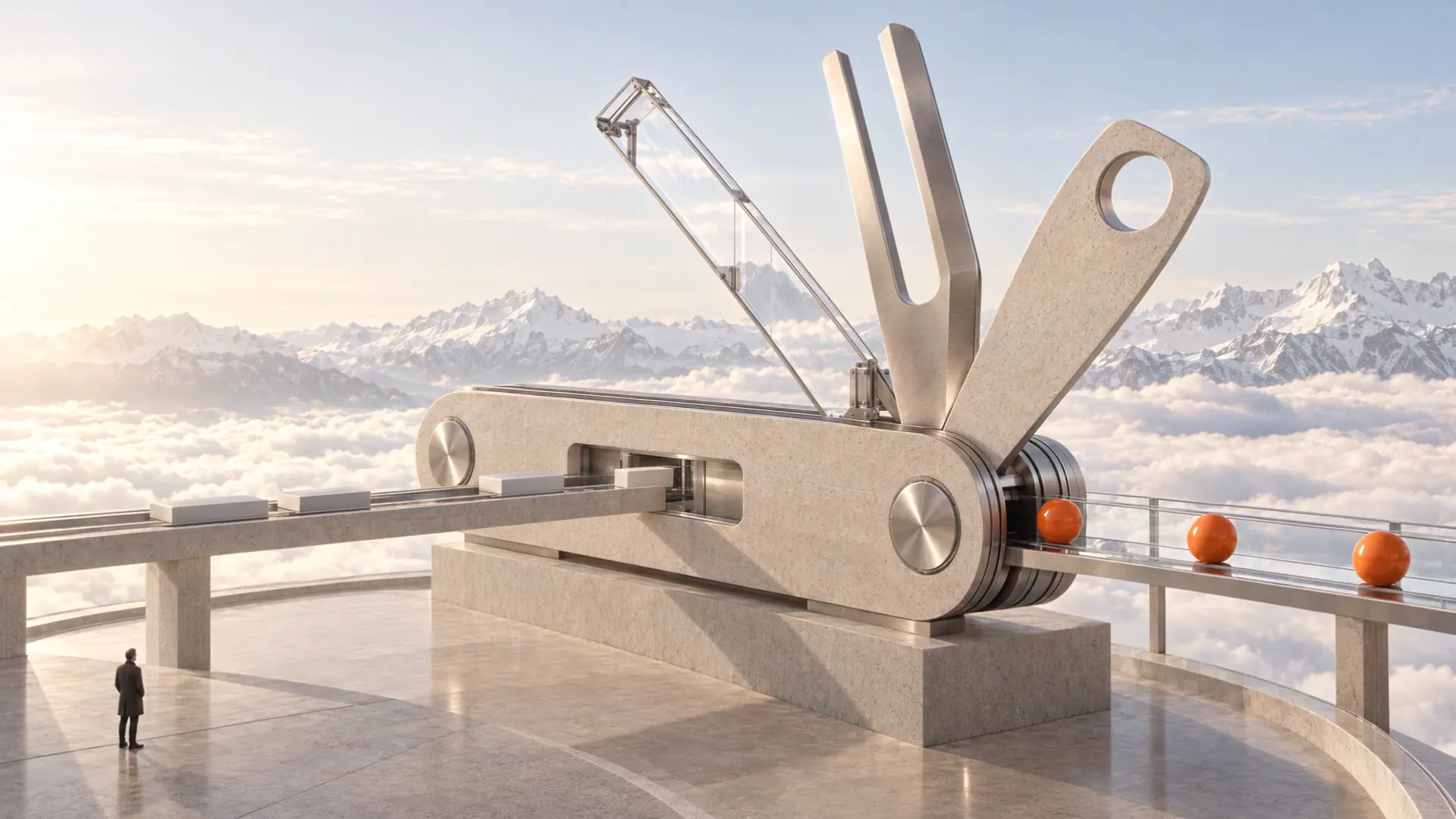 A steel multitool on a terrace above the clouds sends orange spheres along a glass rail
