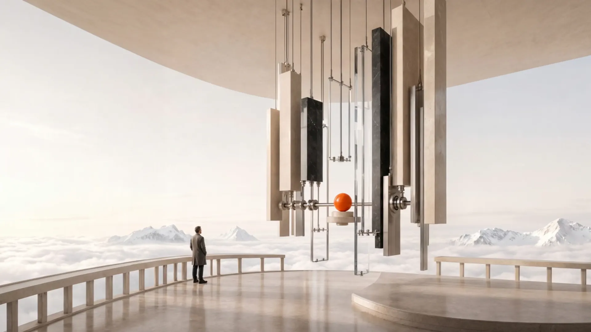 An orange sphere on a marble walkway between glass frames, above still water